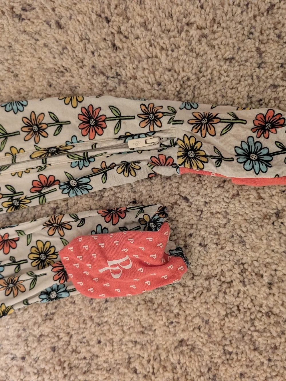 Posh Peanut White Floral Long Sleeve Footed One-Piece with Coral Cuffs